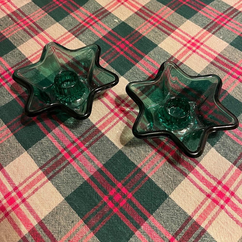 vintage set of 2 green glass star-shaped taper candle holders from Indiana Glass